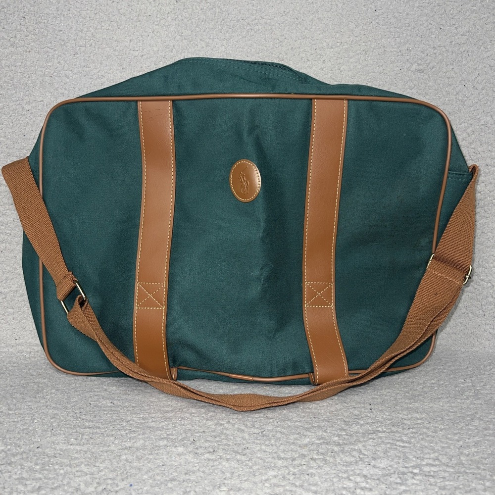 VTG Polo Ralph Lauren Duffel Bag Green Canvas Leather Trim Weekender Travel 90s